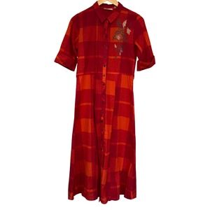 Bombay Paisley Red Orange Plaid India Cotton‎ Midi Shirt Dress Floral Boho Small